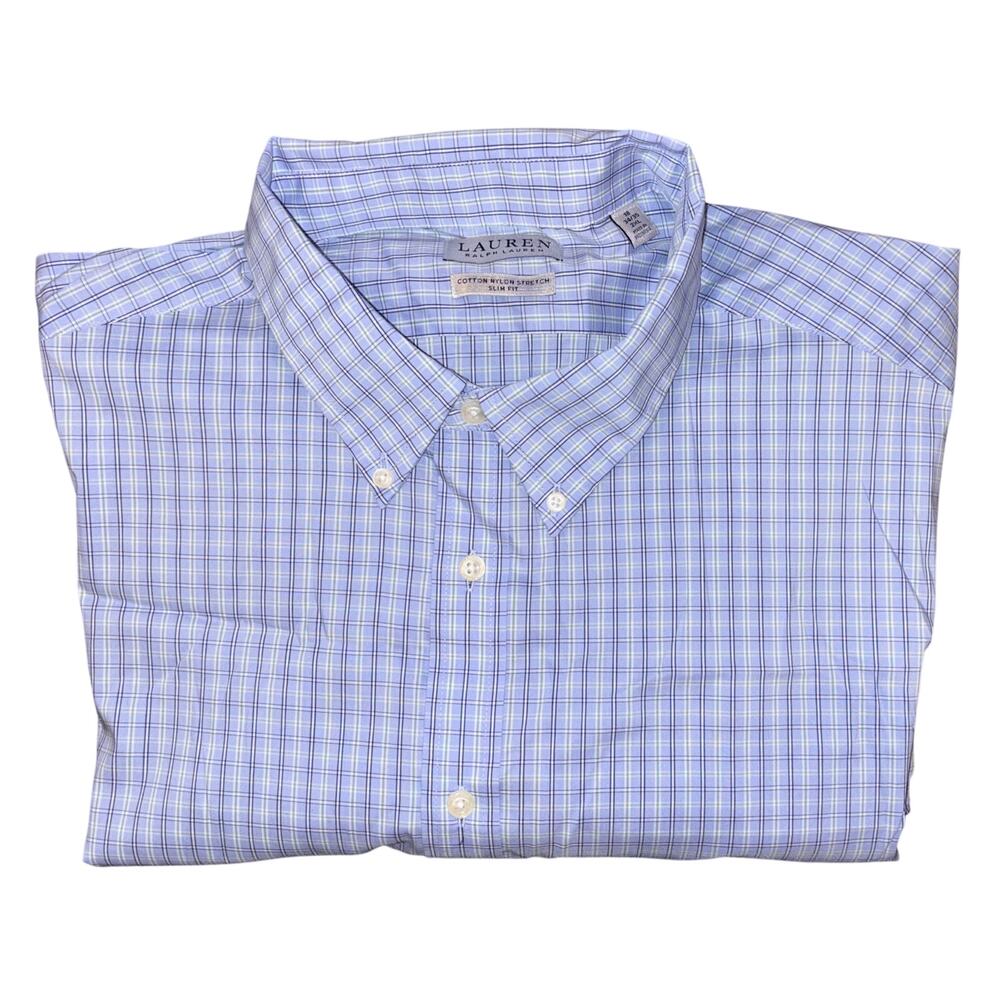 Lauren Ralph Lauren Men's Button Down Shirt Blue Plaid 2XL 18 34/35 Slim Fit EUC